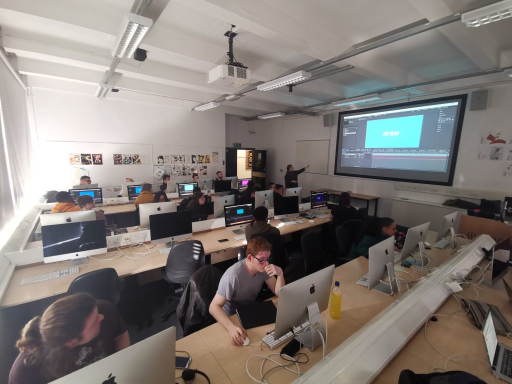 Motion Graphics expert Katy McPhee delivers After Effects workshops to first year students in the WLV GD Mac Lab