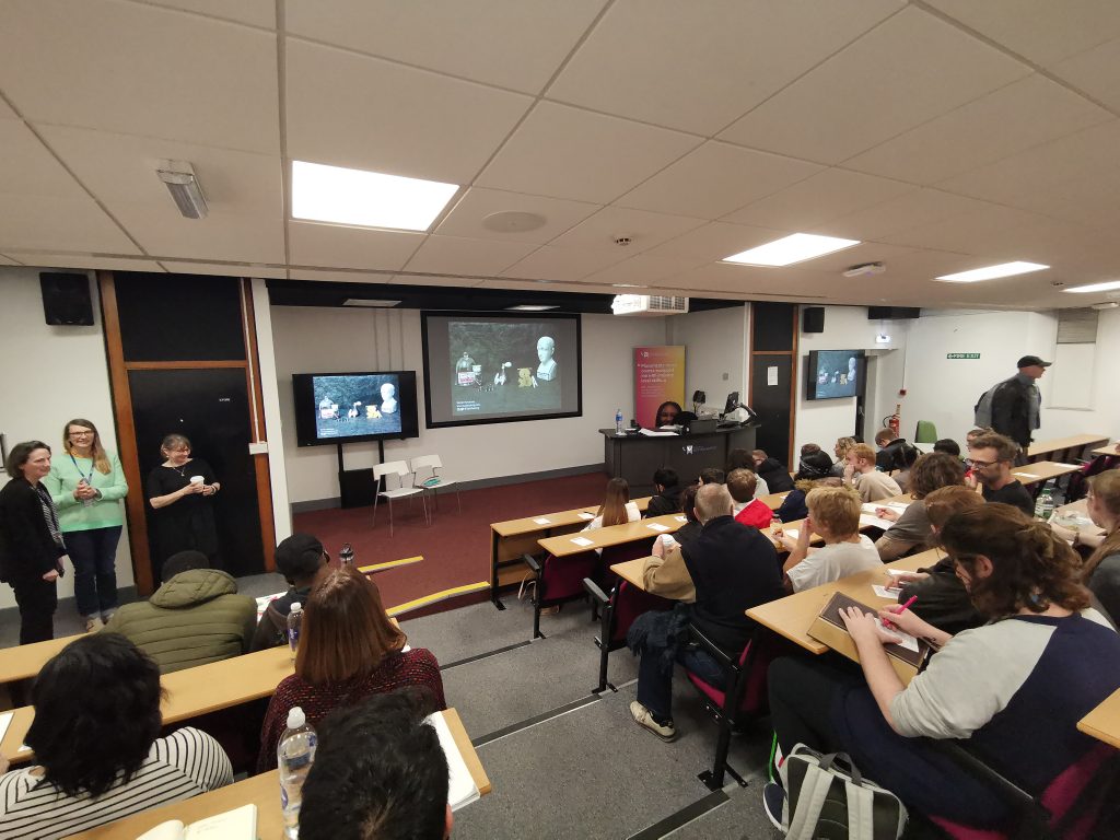 Students from all year, including foundation and masters, in our lecture theatre, awaiting the start of a career week guest lecture from typography guru Sarah Hyndman.